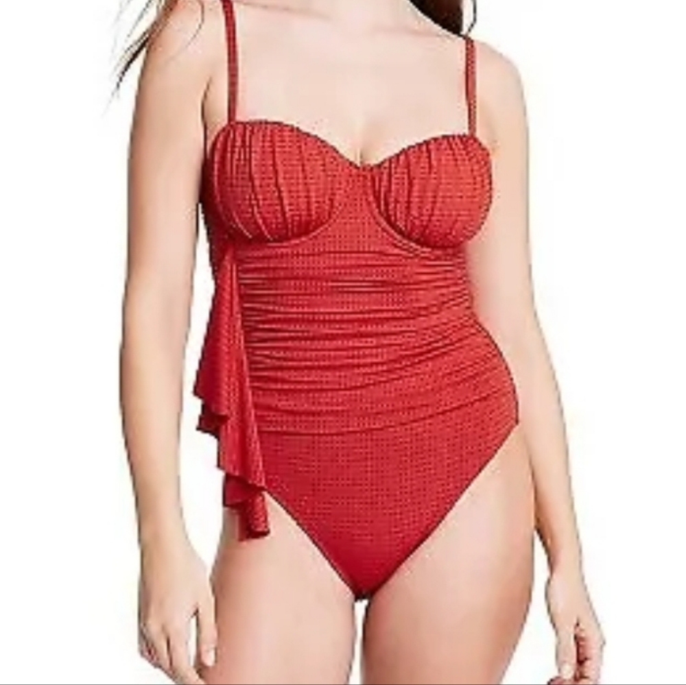 RHODE x Target One-Piece Swimsuit Womens M Rust Red Embossed Dot Ruffle - Picture 2 of 7
